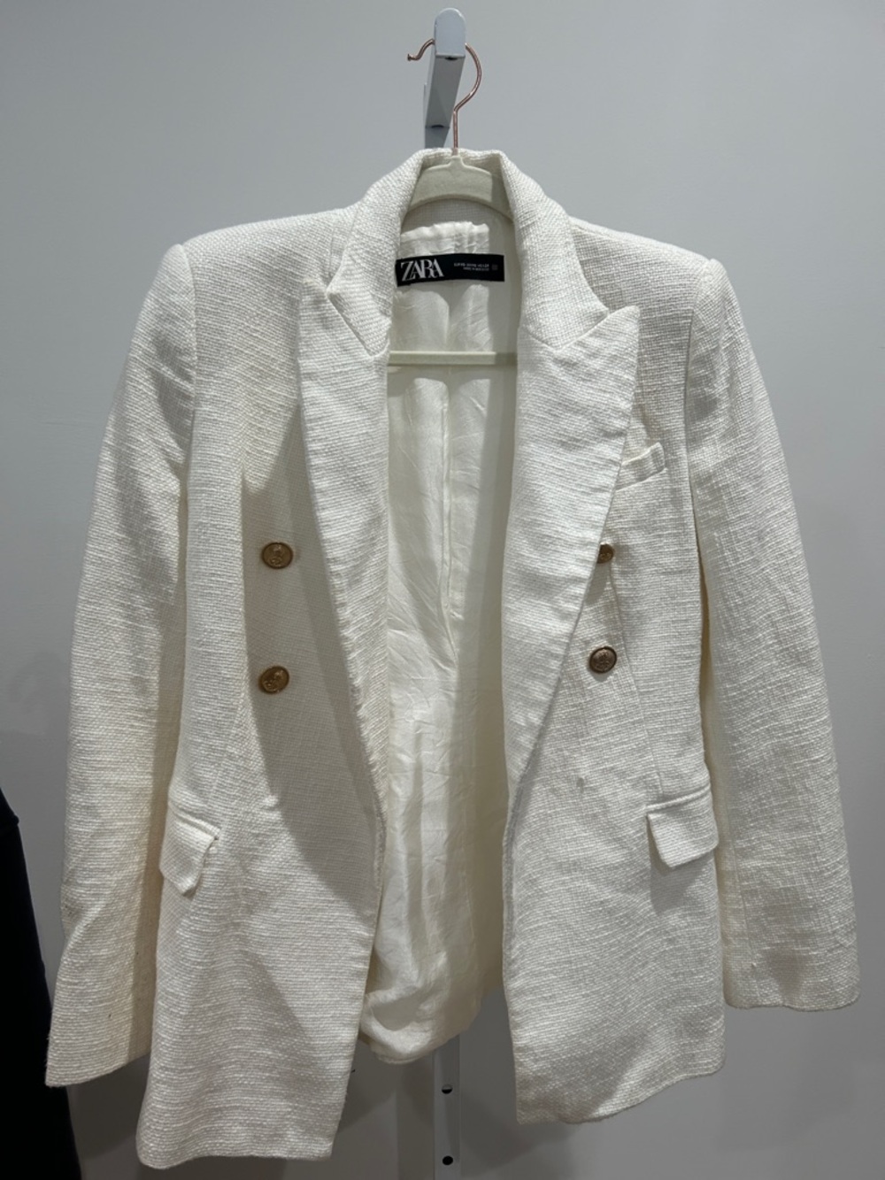 Zara Cream Double-Breasted Textured Blazer with Gold Buttons